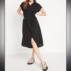 Gap Linen-Cotton Midi Black Shirtdress Button Down Belted size Small